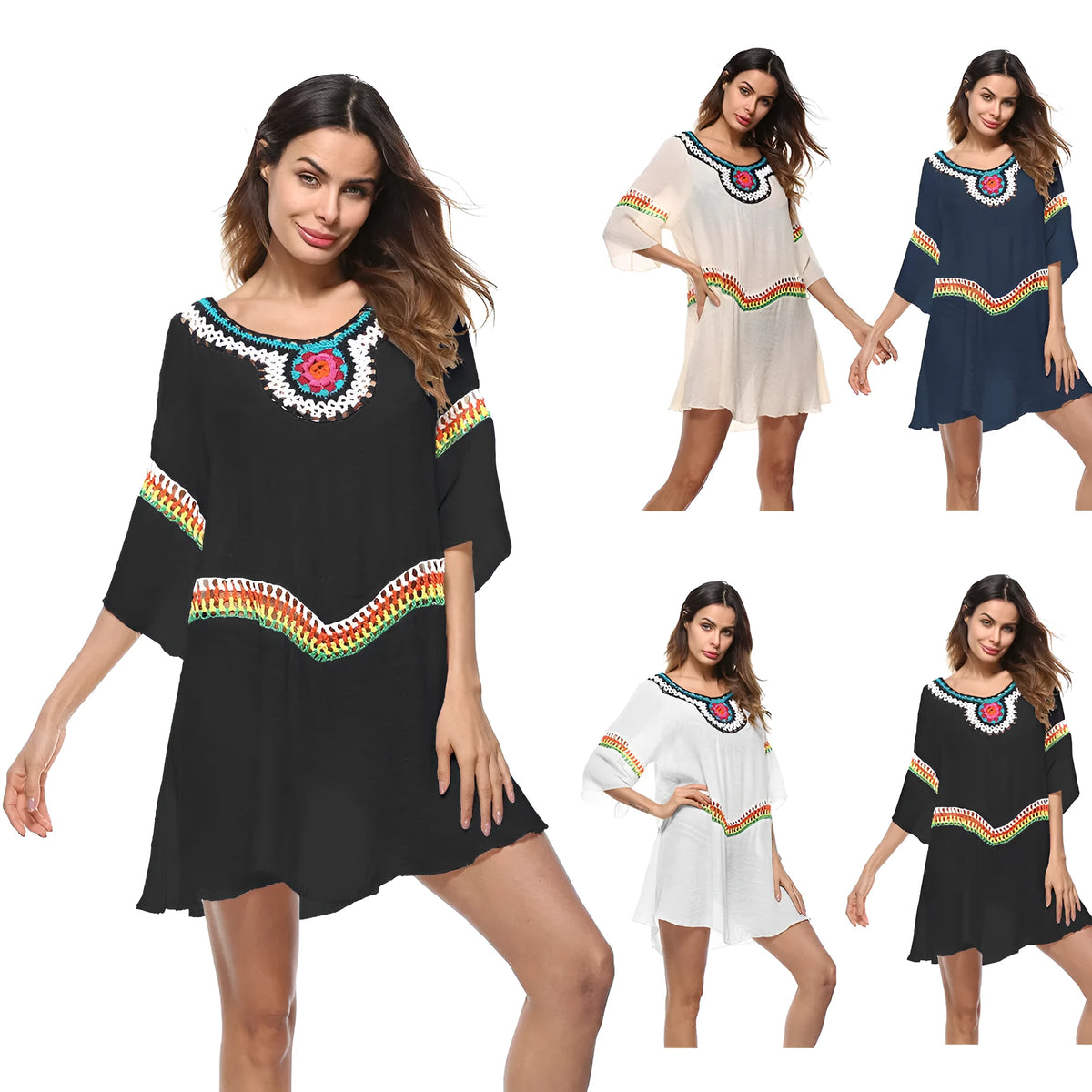 Crocheted white beach cover-up with open-knit design, worn over swimsuit, demonstrating UPF 50+ sun protection.