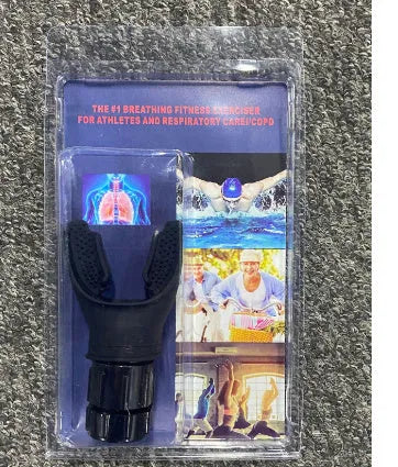 White and black adjustable resistance breathing trainer with silicone mouthpiece