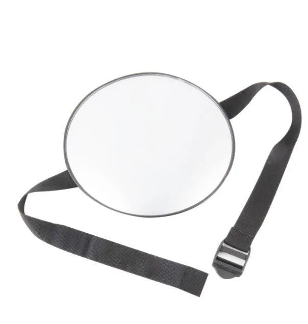Black ABS baby safety rearview mirror with 17cm glass and adjustable strap for car headrest.