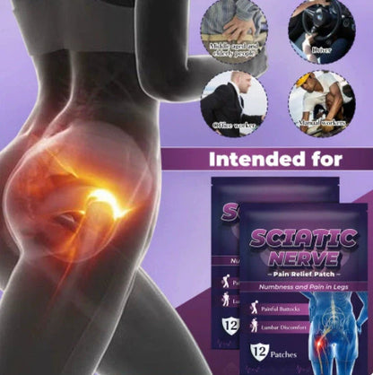 Sciatic Nerve Acupoint Patch showing plaster form with 12 patches per bag, each patch 26g
