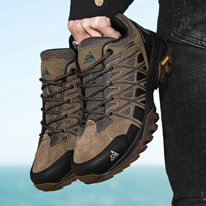 Men's synthetic leather climbing shoes in khaki, grey, or black with round toe and low heel.