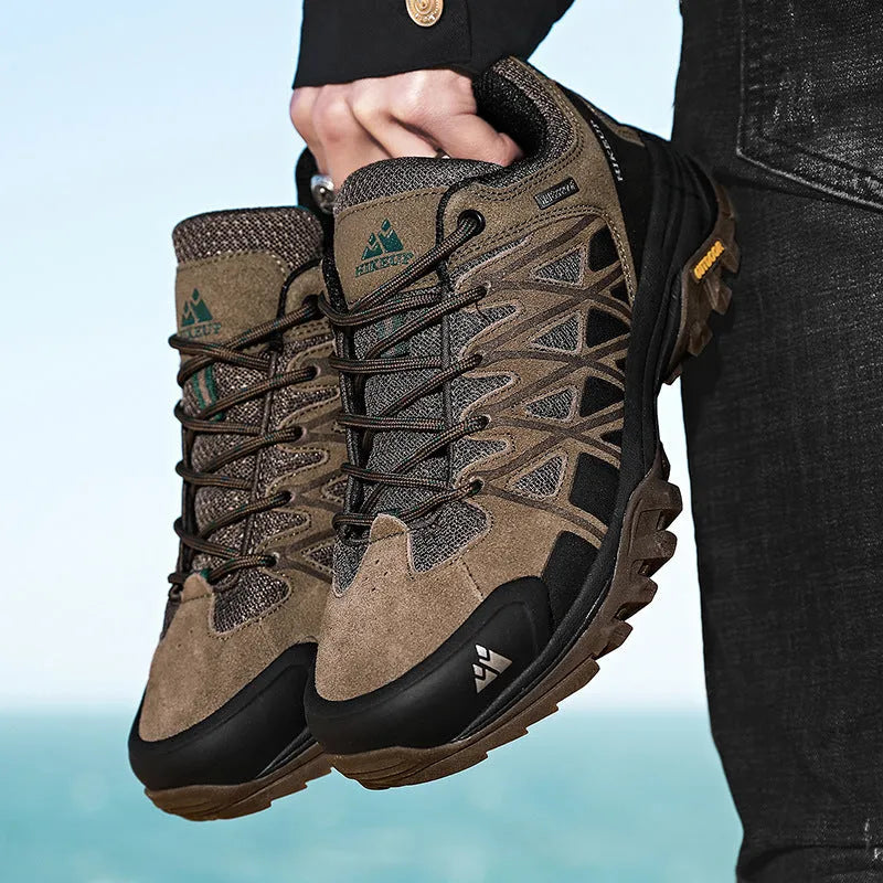 Men's climbing shoes for autumn and winter outdoor sport climbing and casual wear, synthetic leather round toe design with low heel under 3cm, shallow mouth cut under 7cm, available in colours khaki, medium grey, black, and dark grey in sizes 40 to 45.