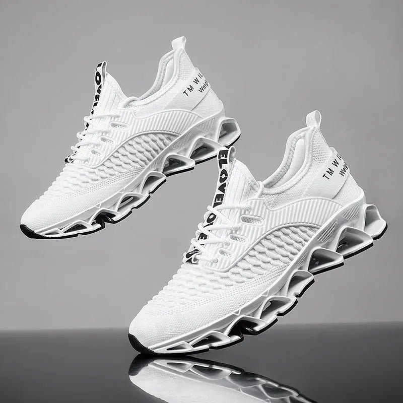 Men's solid colour mesh running shoes with a rubber sole on a white background.