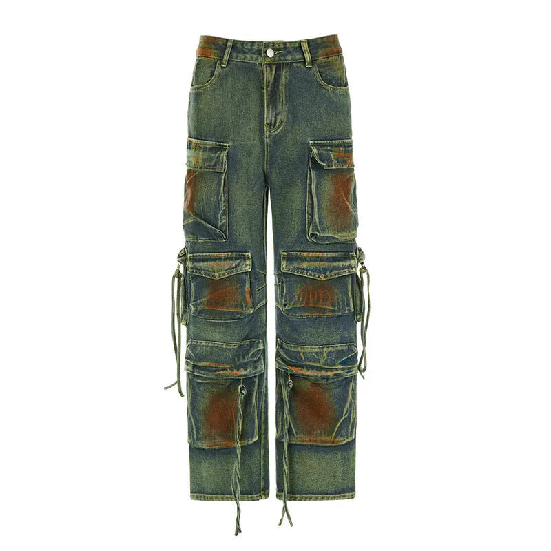 Loose fit cargo denim trousers with gradient colour bloom pockets in streetwear style