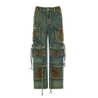 Loose fit cargo denim trousers with gradient colour bloom pockets in streetwear style