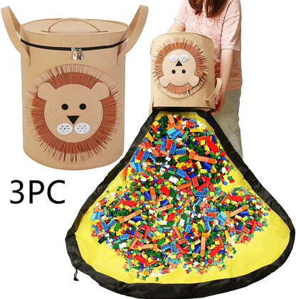 Green felt storage cube with pull rope unfolded flat to show 35cm square waterproof play mat