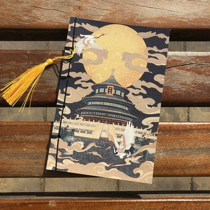 A5 antique wire-bound notebook with classical artwork cover, black oil wax rope binding, and decorative tassels