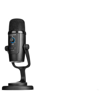 Black Boya BY-PM500 USB microphone with built-in sound card on a desktop.