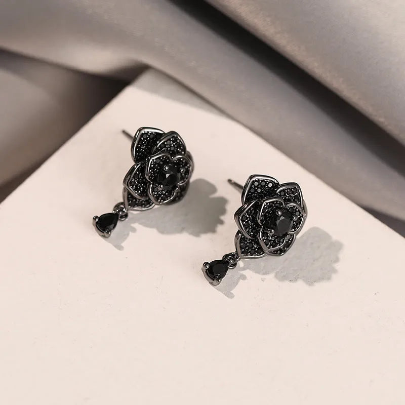 Black rose zircon flower stud earrings for women with 18K gold electroplating