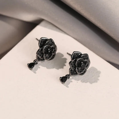 Black rose zircon flower stud earrings for women with 18K gold electroplating