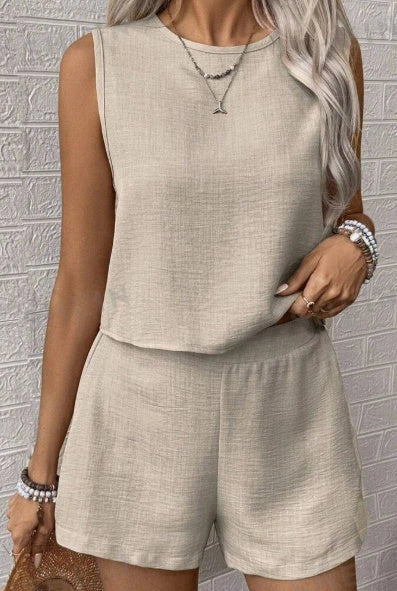 Stylish Ladies' Sleeveless Top and Shorts Set in solid colours for summer