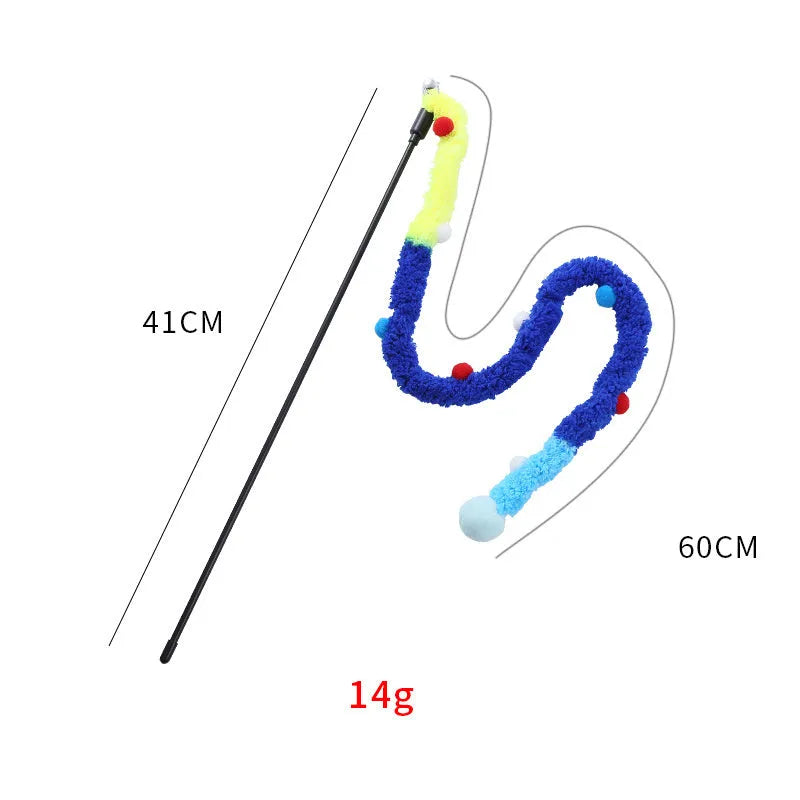 Interactive cat wand toy with plush strip, fluffy ball, and bells on a 41cm pole.