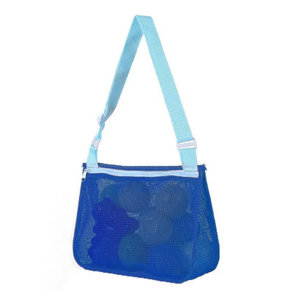 Blue children's drawstring travel storage bag made of nylon mesh for organising toys and clothes.