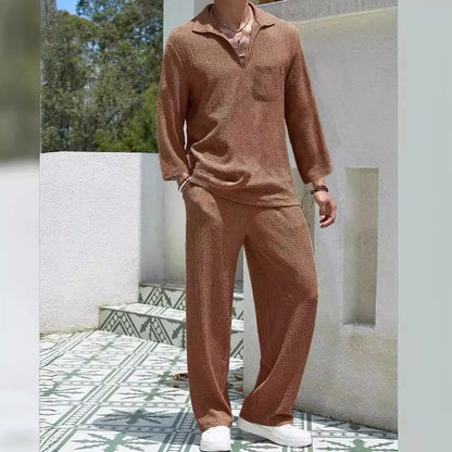 Men's casual shirt trousers commuter suit in lake blue colour with polyester fabric for autumn wear.