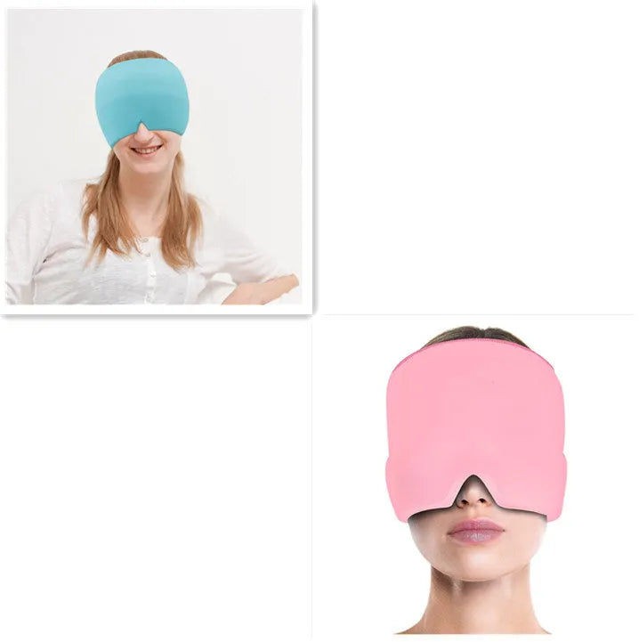 Black elastic cloth gel cold compress eye mask for headache relief on a grey background.