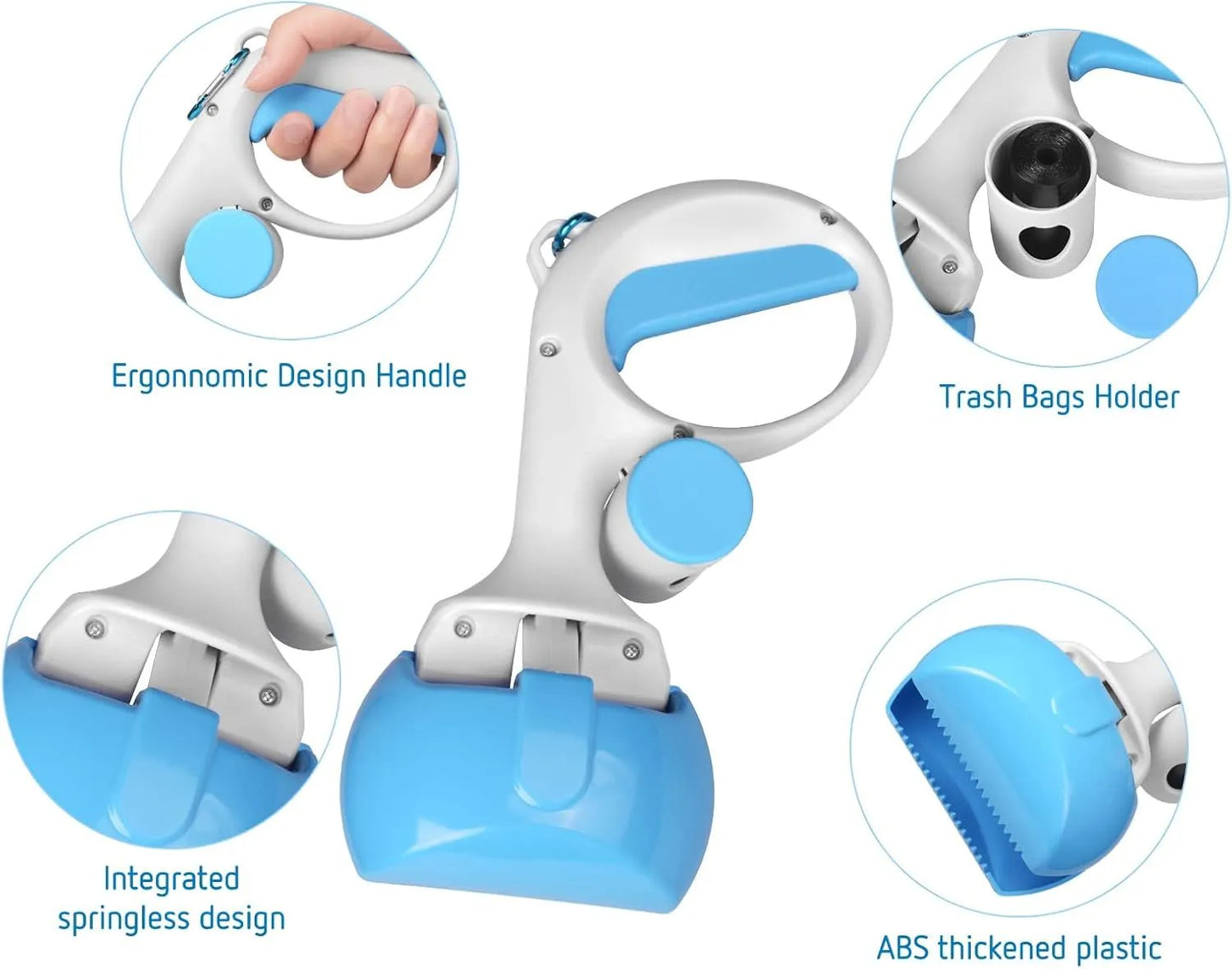 A black ABS plastic pooper scooper with a built-in waste bag holder and a top carrying hook.