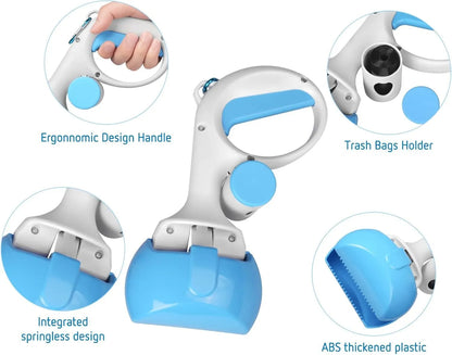 A black ABS plastic pooper scooper with a built-in waste bag holder and a top carrying hook.