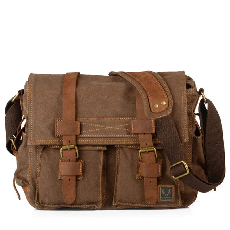 Men's canvas crossbody shoulder bag with cowhide accents and flap closure in retro postman style