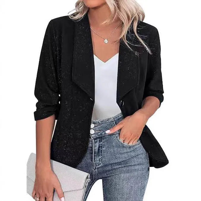 Slim fit long sleeve polyester cardigan jacket in black, white, or wine red.