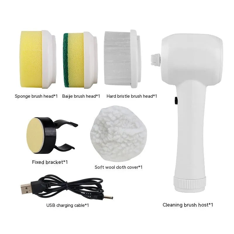 White cordless electric spin scrubber with multiple brush heads on a bathroom tile.
