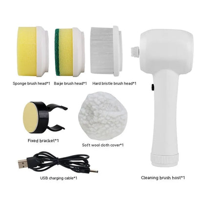 White cordless electric spin scrubber with multiple brush heads on a bathroom tile.