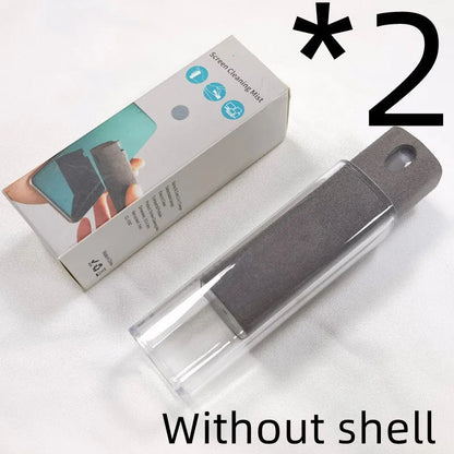 Portable all-in-one screen cleaner kit with protective shell, microfiber wipe, and internal fluid bottle.