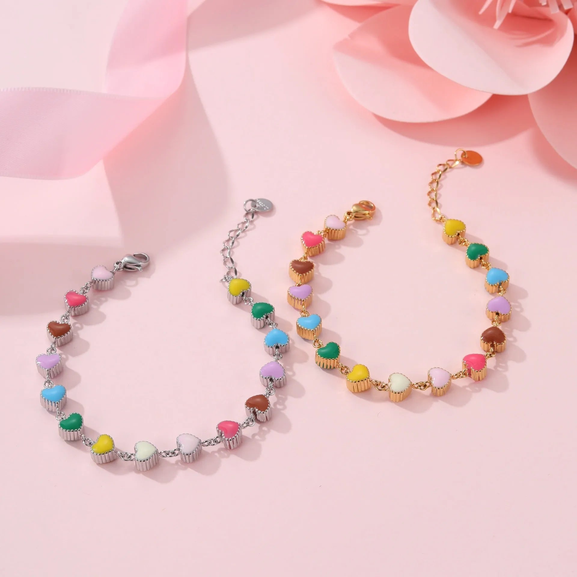 Women's love heart-shaped titanium steel bracelet necklace with colourful oil design and gold electroplating