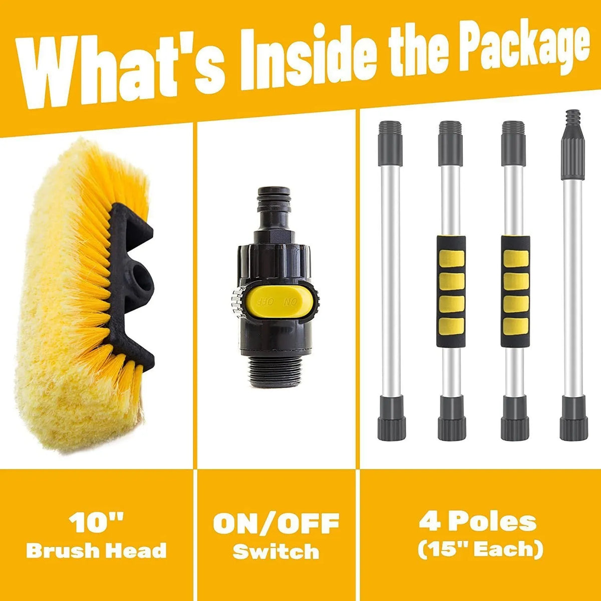 Yellow portable car wash brush with removable four-section rod and flow-through brush head