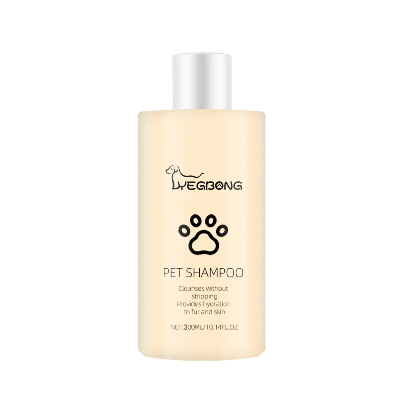 A bottle of mild pet shampoo for dogs, showing 100ml and 300ml size options.