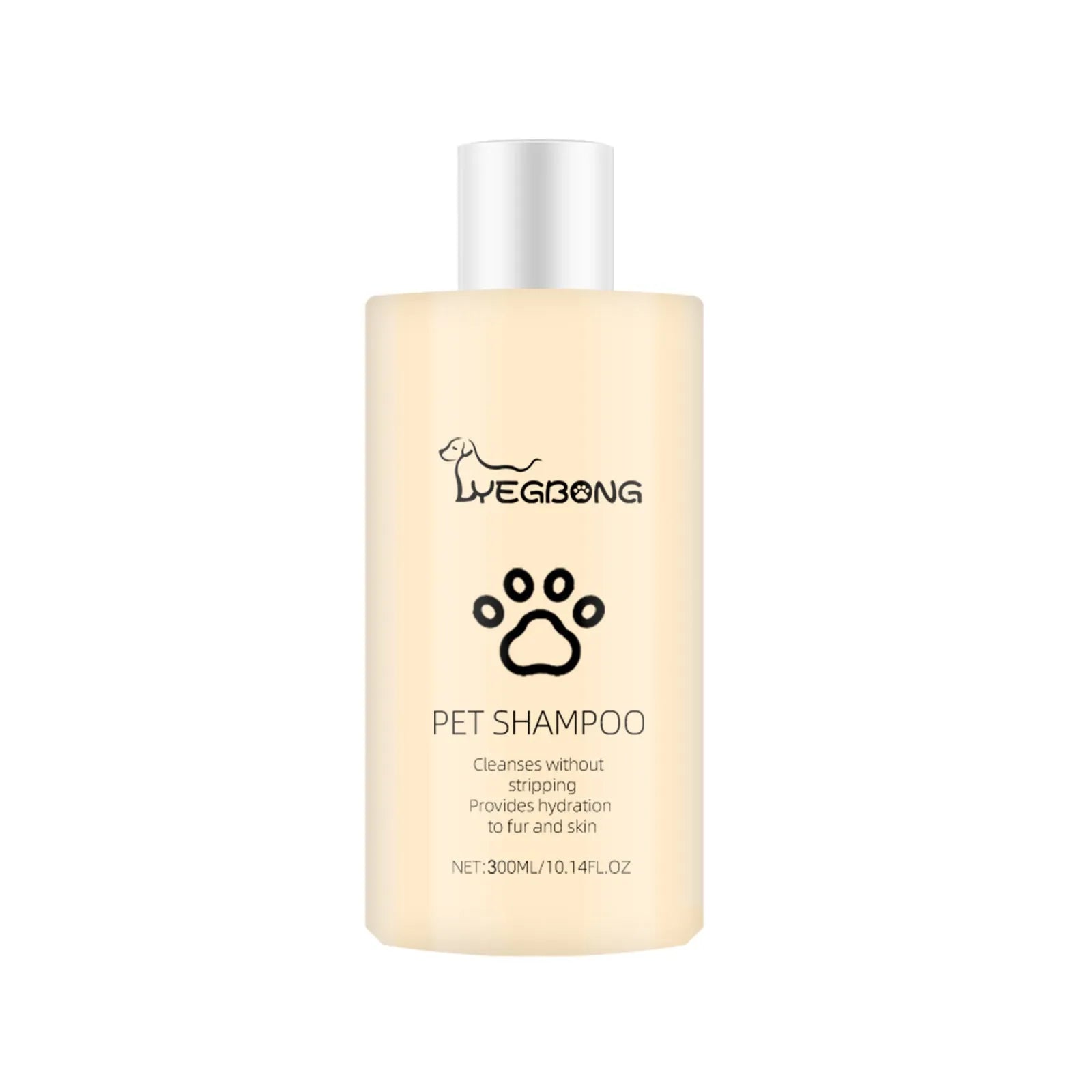 A bottle of mild pet shampoo for dogs, showing 100ml and 300ml size options.