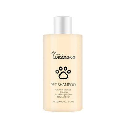 A bottle of mild pet shampoo for dogs, showing 100ml and 300ml size options.