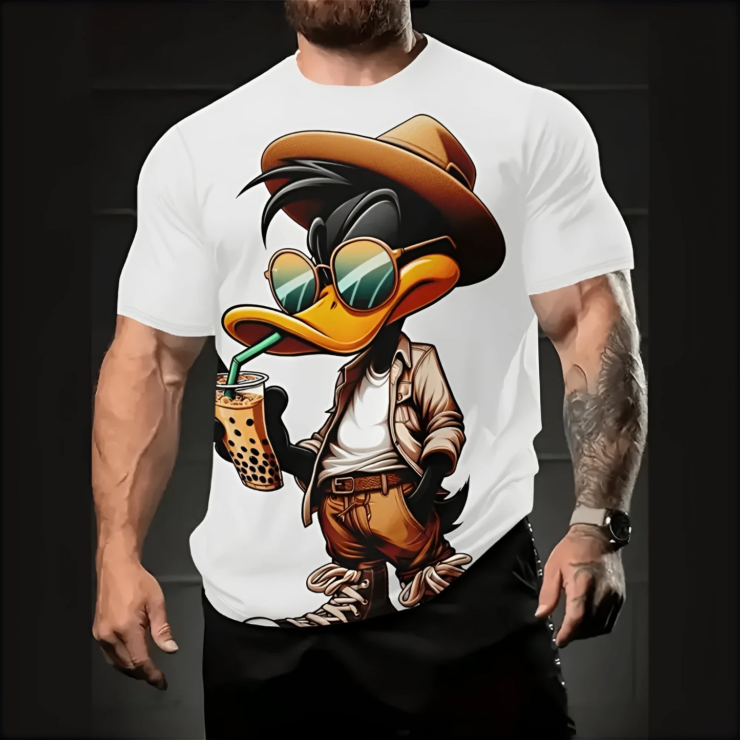 Men's grey loose-fit short sleeve t-shirt featuring a large 3D cartoon character print on the front.