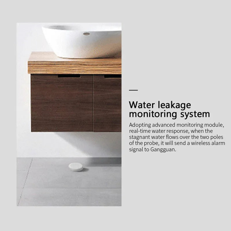 A small, white, rectangular Zigbee wireless water flood sensor for smart homes.
