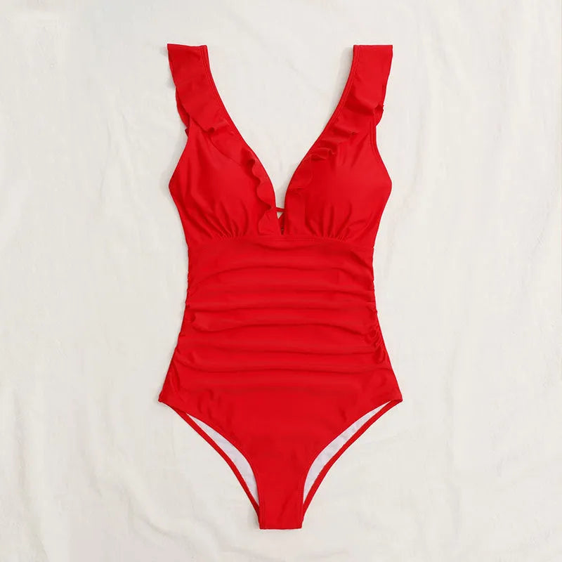Women's one-piece swimsuit with lace V-neck, solid colour, white or red, sizes S to XL