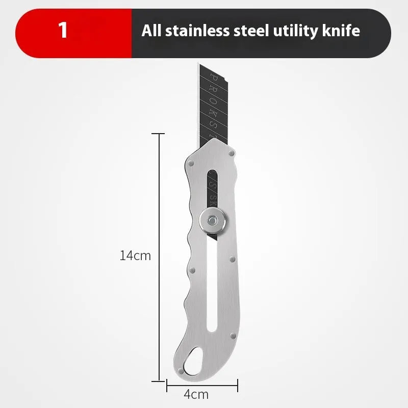 Stainless steel folding art knife with black blade and replacement blades