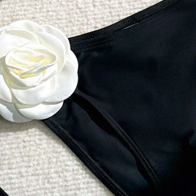 Black 3D flower lace bikini swimsuit with drawstring detailing and backless briefs design