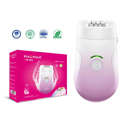 Pink three-in-one USB electric hair removal device with shaving head, grinding head, and skin rub attachment