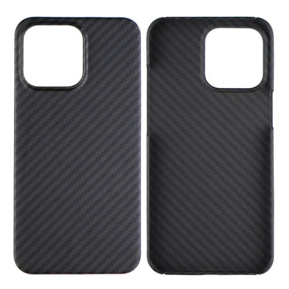 Matt black Kevlar fibre iPhone case with volcano crater texture shown on an iPhone 14 Pro.