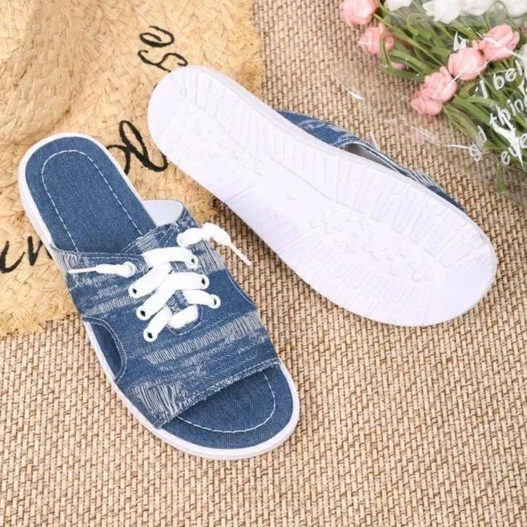 Blue Roman style flat canvas slippers with rubber soles for women in various sizes