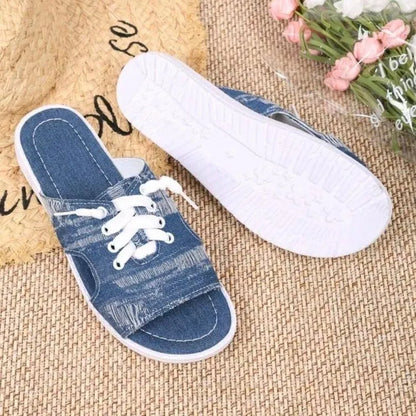 Blue Roman style flat canvas slippers with rubber soles for women in various sizes