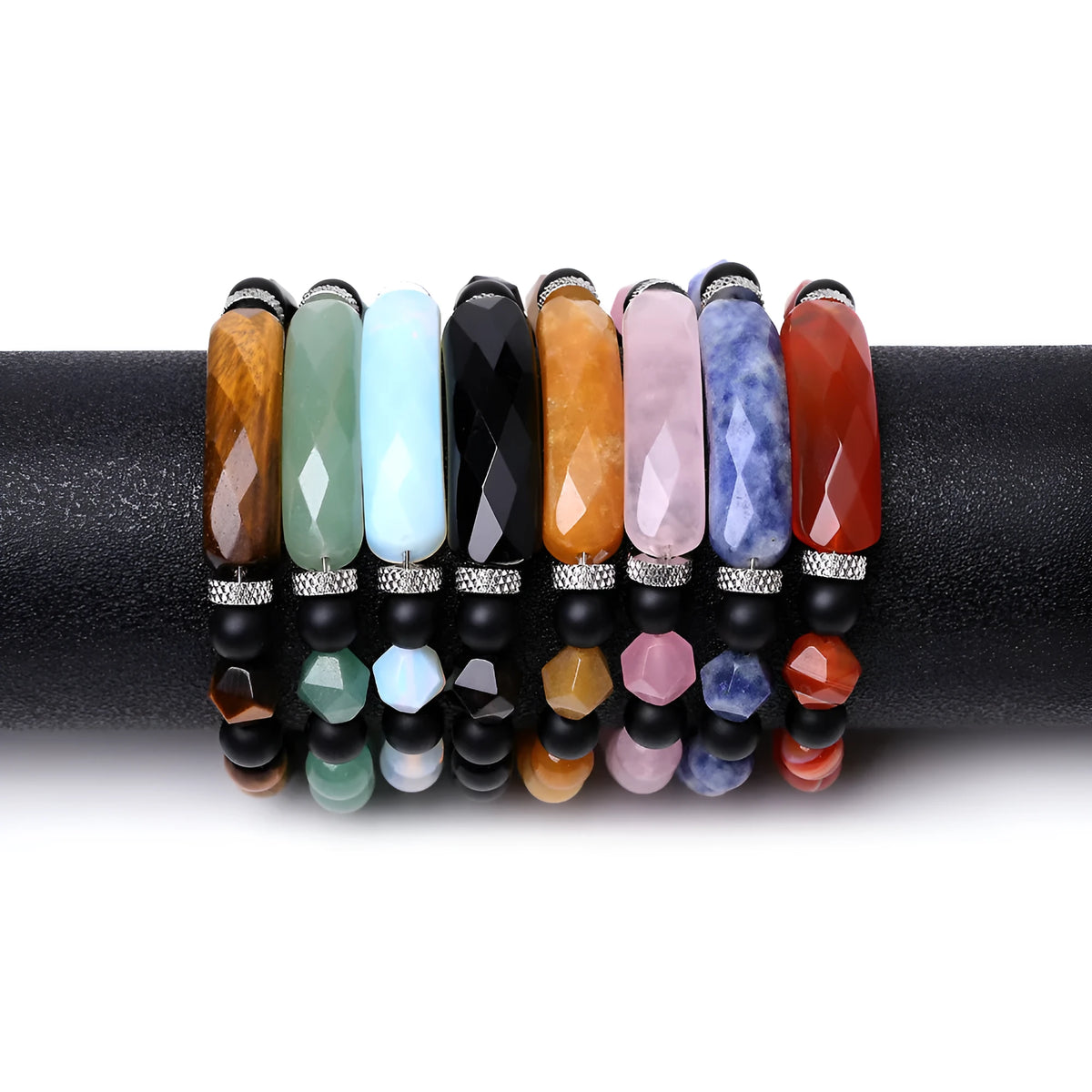 Handmade diamond-shaped cut black agate geometric bracelet showing fan-shaped bead arrangement.