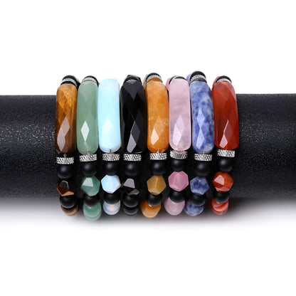Handmade diamond-shaped cut black agate geometric bracelet showing fan-shaped bead arrangement.