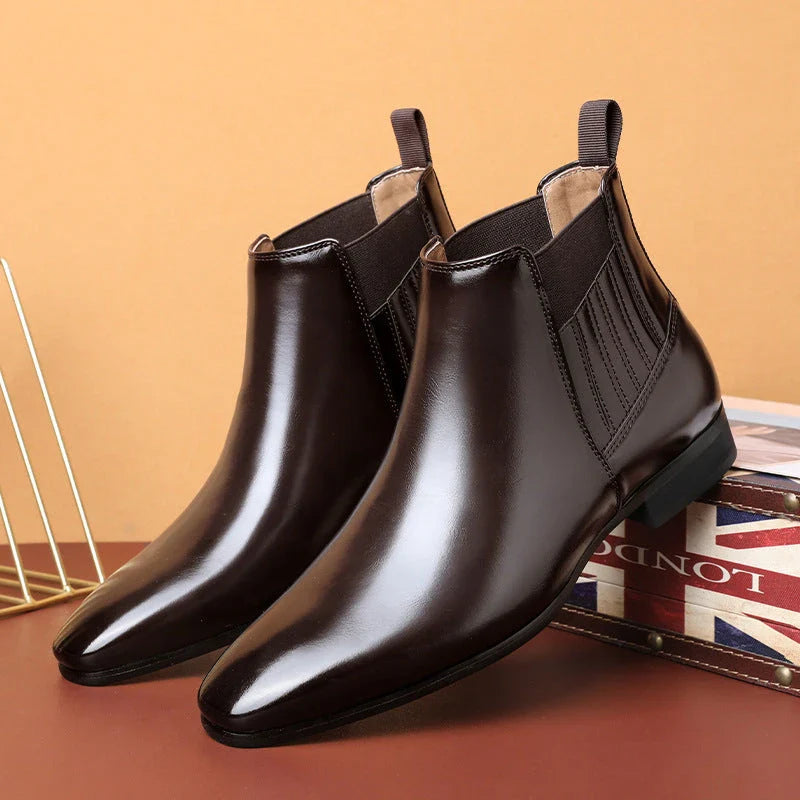 Sleek and sophisticated men's Chelsea boots with pointed toe and square heel design in black and brown colors