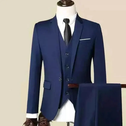 Men's Korean-style slim fit three-piece business suit in chemical fibre blend with tie