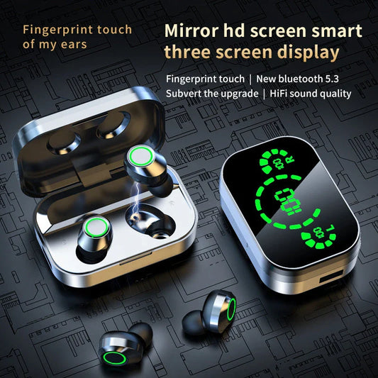 Sleek wireless Bluetooth earbuds with smart LED display, noise-cancelling microphone, and high-fidelity graphene diaphragms