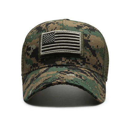 Adjustable camouflage baseball cap with Velcro closure and machine embroidery detailing