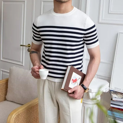 Men's striped short sleeve polyester T-shirt, pullover summer top, blue orange or white, sizes M to XXXL