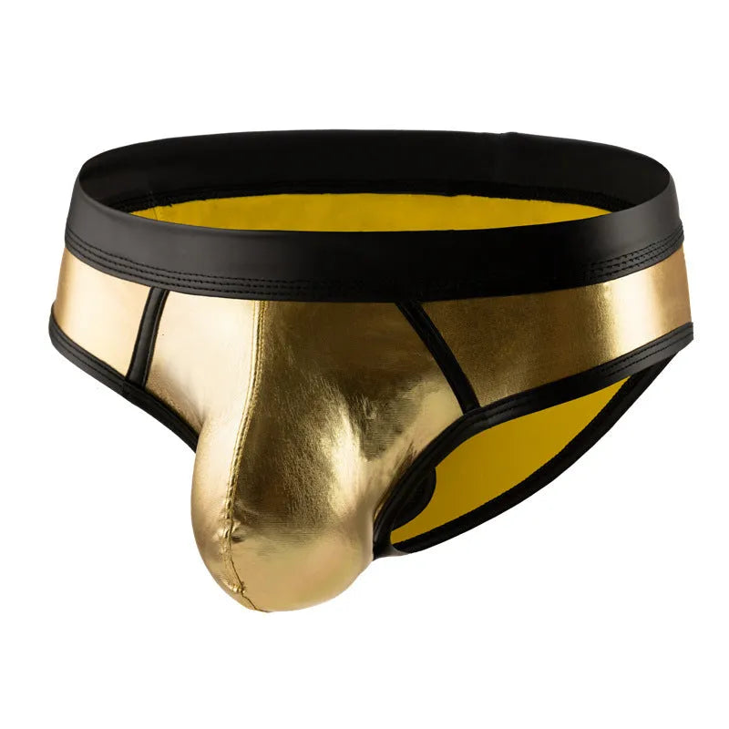 Men's gold silver red patent leather polyester swim briefs low waist body shaping