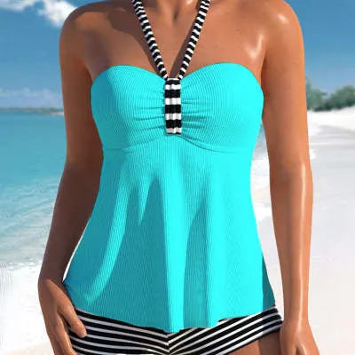 Women's black and white striped off-shoulder swimsuit with briefs style bottoms