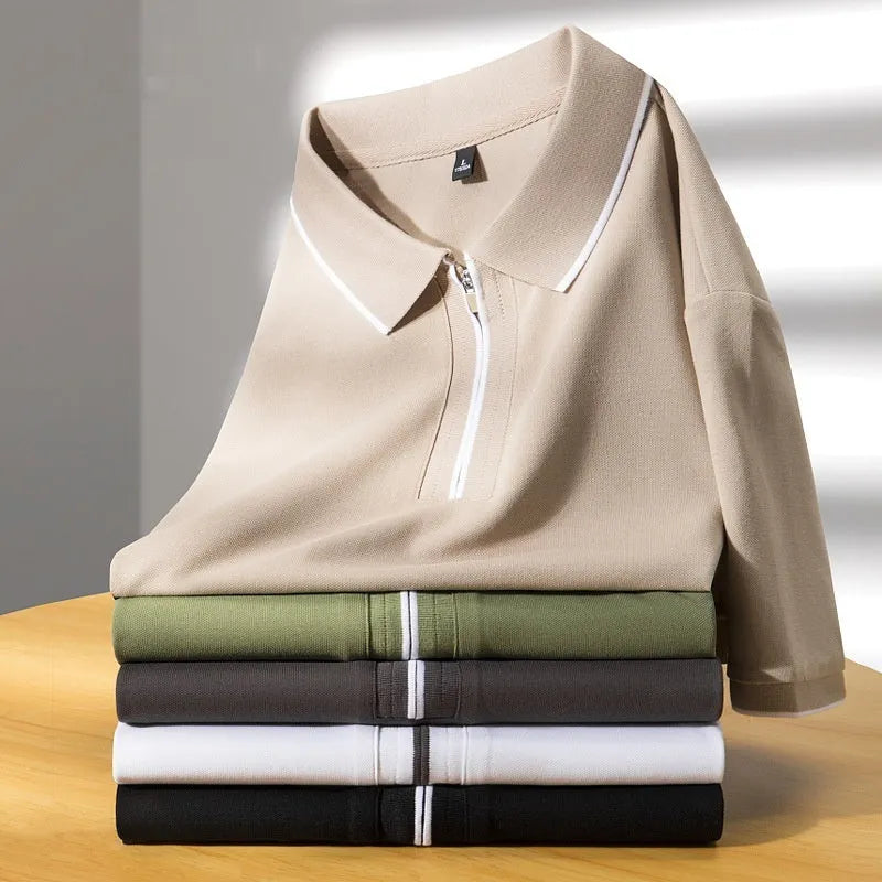 Men's Slim Fit Lapel Silk Business Casual Short Sleeve Top in Cotton Blend Fabric Available in Five Colours Including Grass Green Beige Apricot Graphite Grey Black and White Sizes M L XL 2XL 3XL 4XL with Asian Size Guidance
